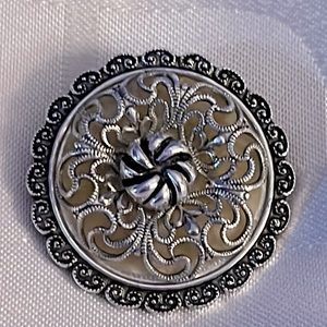 Vintage 1960s West Germany Silver tone Filigree Scarf Clip, Round Scalloped